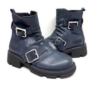 MIZ MOOZ LEATHER BOOTS BUCKLE SIDE ZIPPER NAVY 37EU / 7US NEW # Z-223